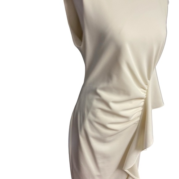 CALVIN KLEIN Ruffle-trim Sheath Dress Size 8 Cream Scuba Crepe Church Shower - Picture 5 of 12